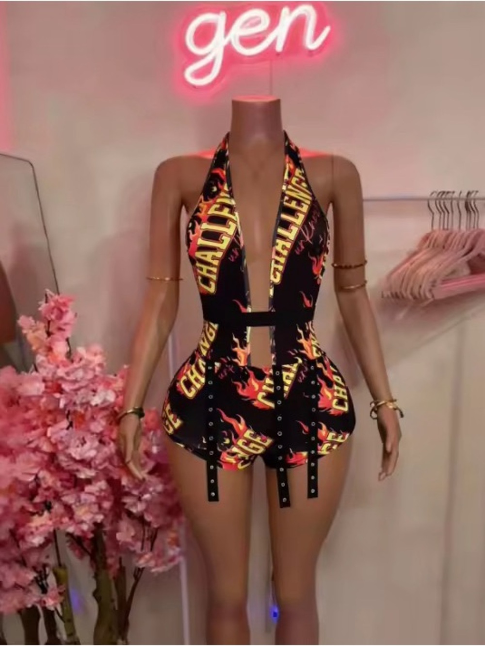 Black Halter Romper with Flame & "CHALLENGE" Print